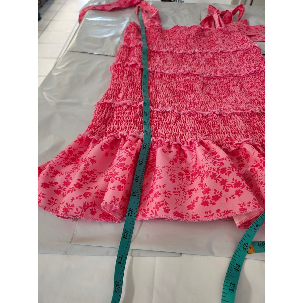 ChcMe Pink Floral Smocked Mini Dress Small Tie Shoulder Coquette Cottagecore 🌸 - Picture 12 of 12